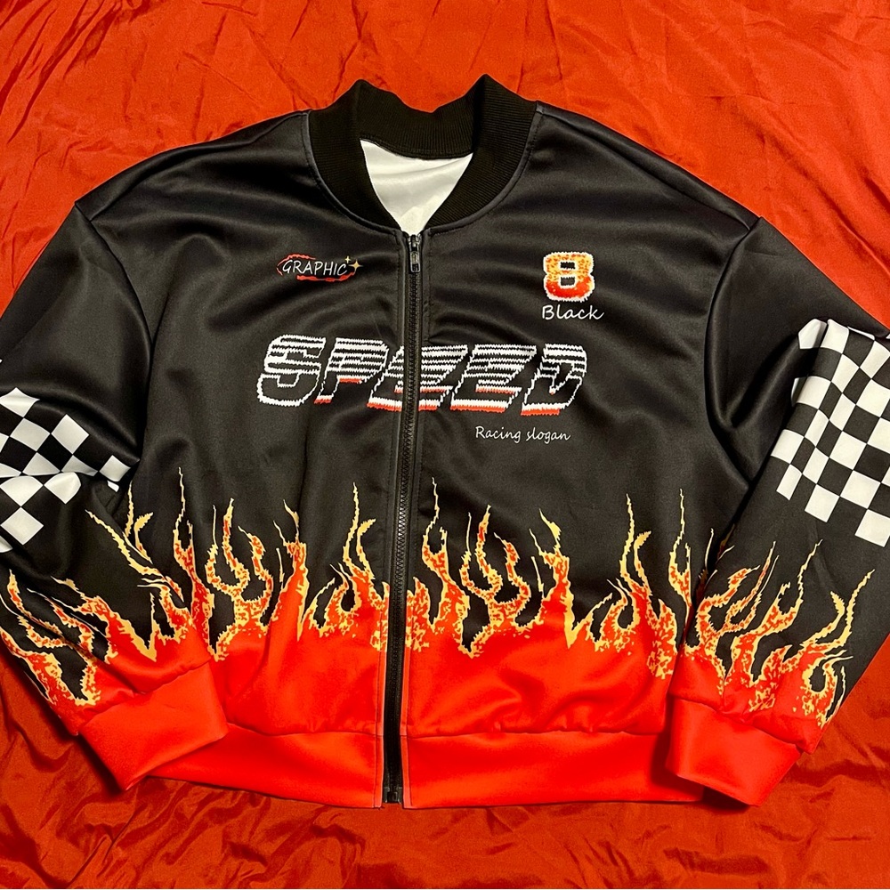 Black and Red Graphic Racer Jacket White Apparel